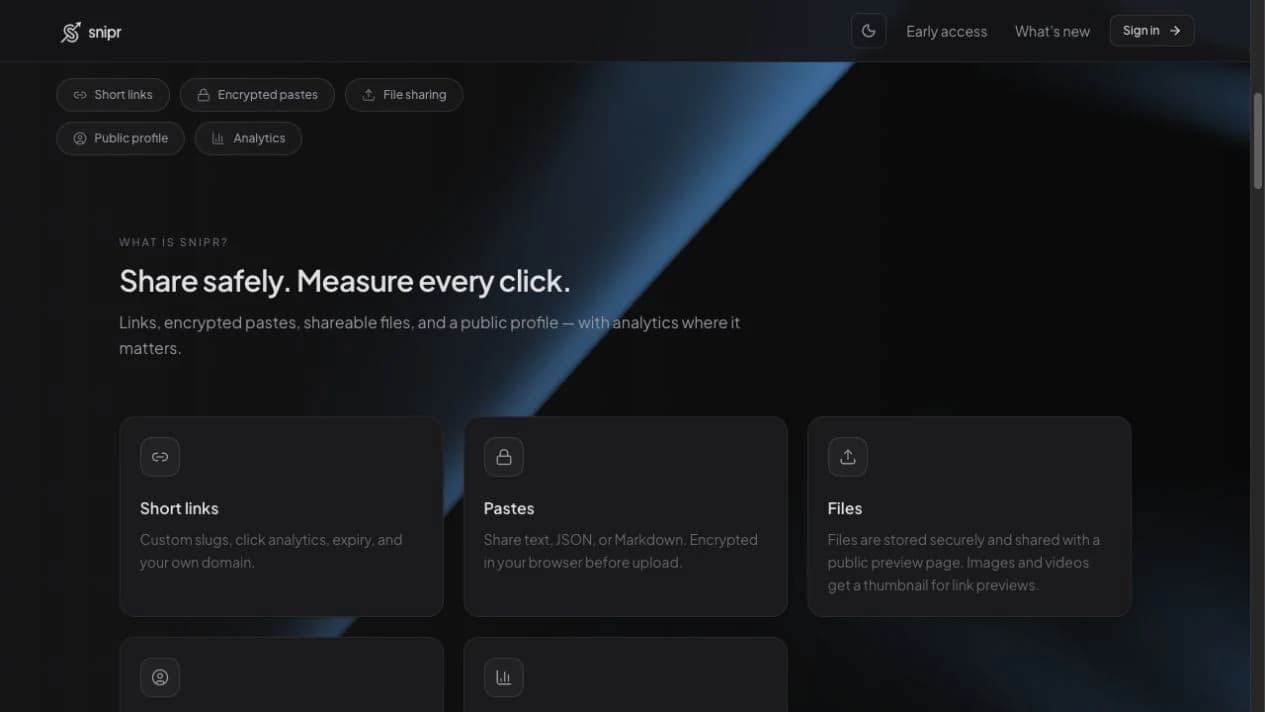 Snipr public capabilities page showing short links, encrypted pastes, files, profiles, and analytics.